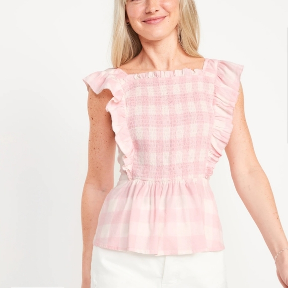 Old Navy Sleeveless Ruffle Trim Smock Gingham Blouse NWT Pink Pastel Plus Sz 2X - Picture 9 of 11